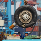 The wrecked landing gear of Lion Air Flight JT 610 is unloaded from a ship at the Tanjung Priok port on November 3, 2018 in Jakarta, Indonesia.